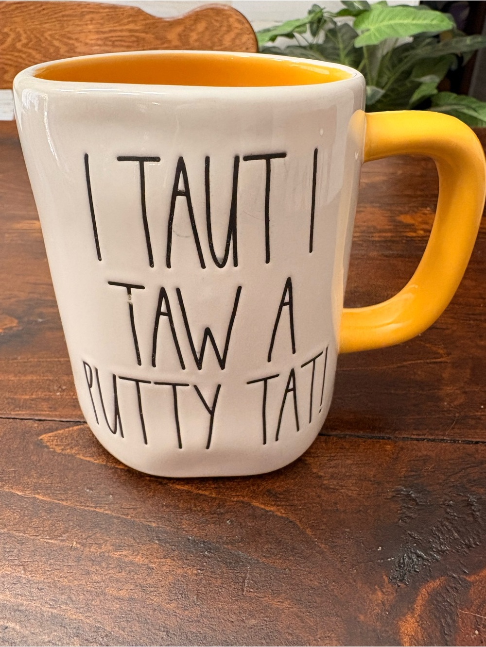 Rae Dunn White Ceramic Mug with Yellow Handle and Interior
